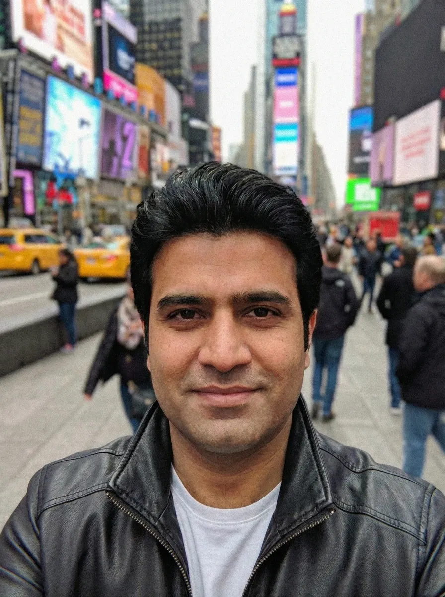Original selfie input — man in a dark jacket on a city street